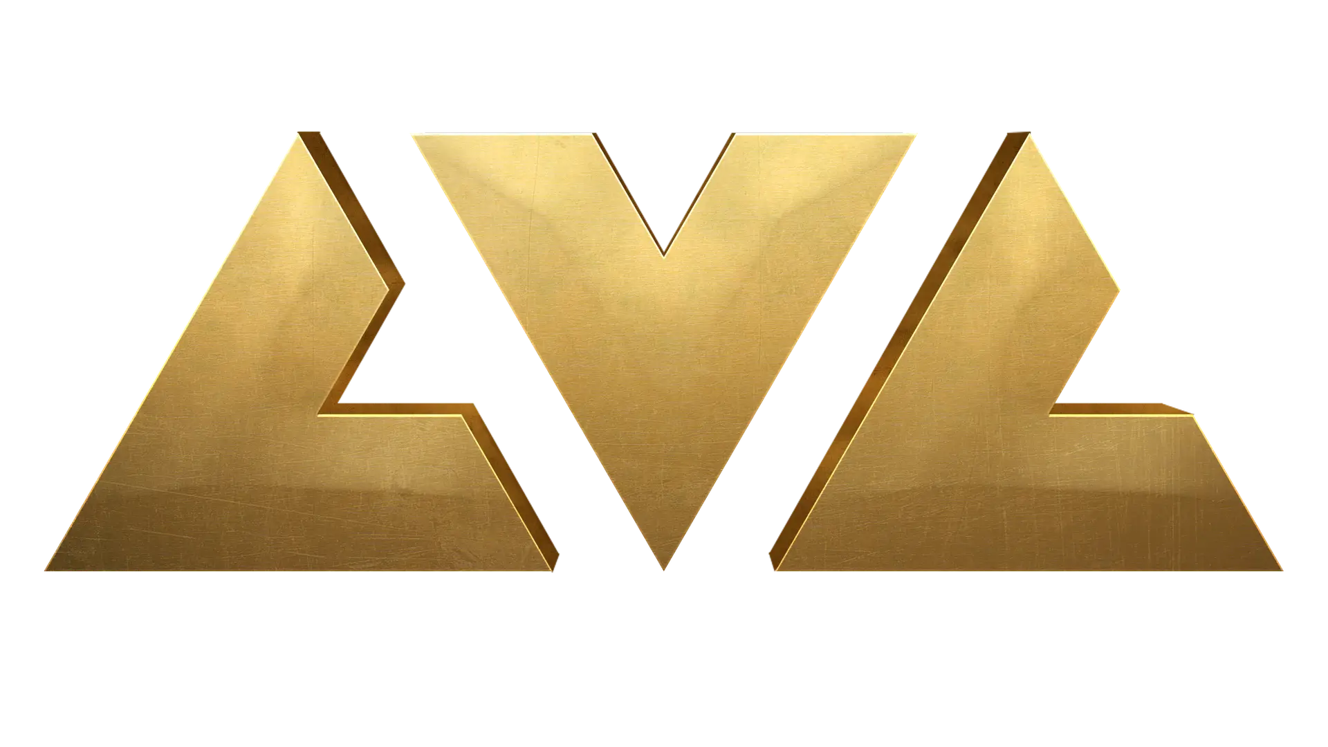 Gold 3D "LVL" logo with a brushed metallic finish on a black background.